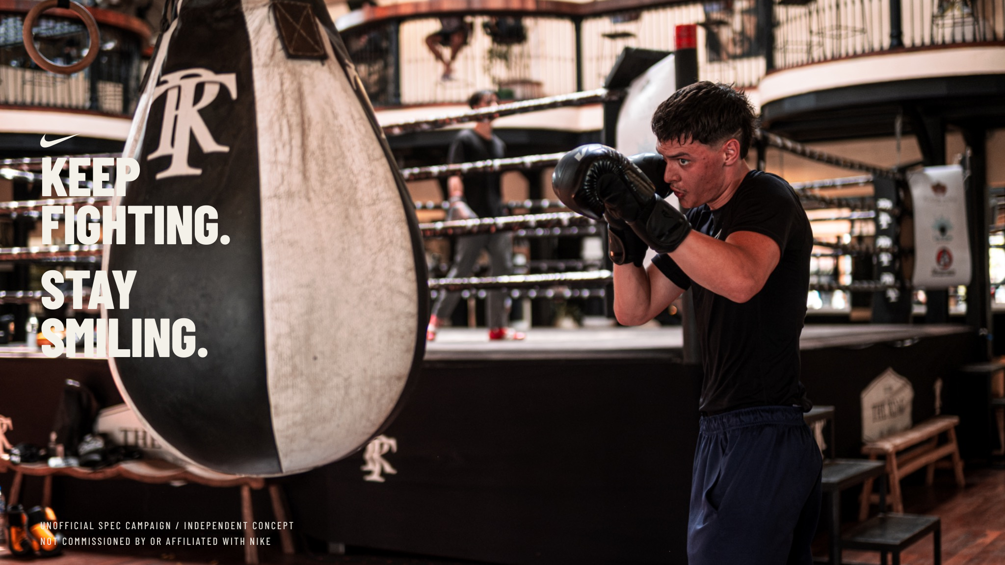 Horizontal color campaign layout with Andri Casutt training beside a boxing bag.