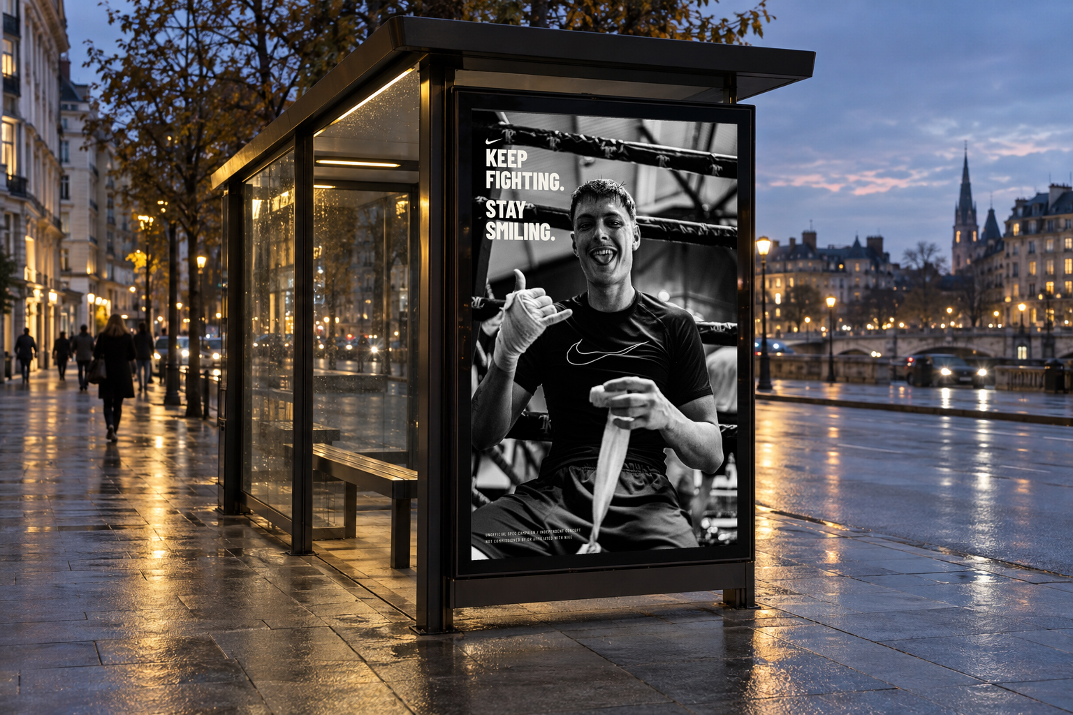 The campaign hero displayed in a city-light bus shelter.