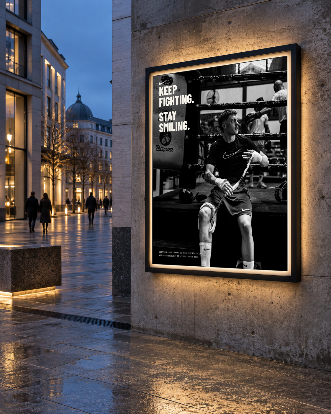 The environmental campaign layout displayed in an illuminated urban poster frame.